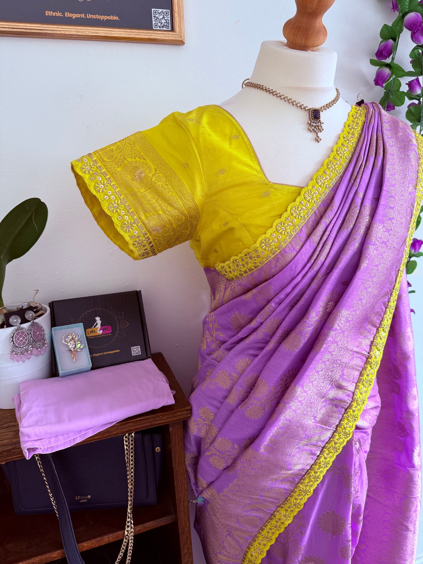 Banarasi Dola Silk Saree with Contrast Scallop Border with Stitched Blouse-Lavender & Yellow