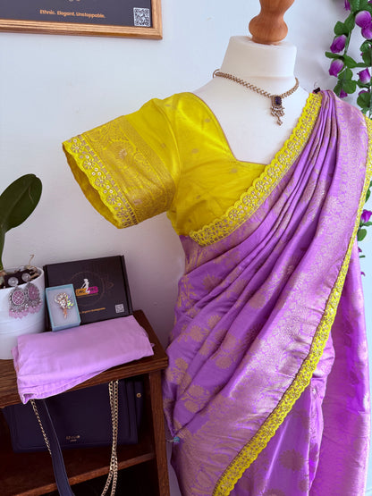 Banarasi Dola Silk Saree with Contrast Scallop Border with Stitched Blouse-Lavender & Yellow