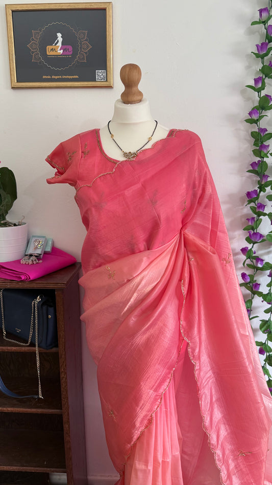 Stunning lightweight Soft Organza Saree Combo with Cutwork border with gold beads-Pink