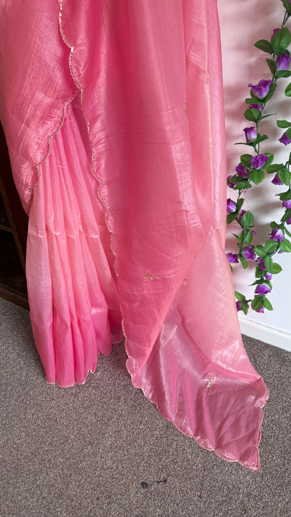 Stunning lightweight Soft Organza Saree Combo with Cutwork border with gold beads-Pink