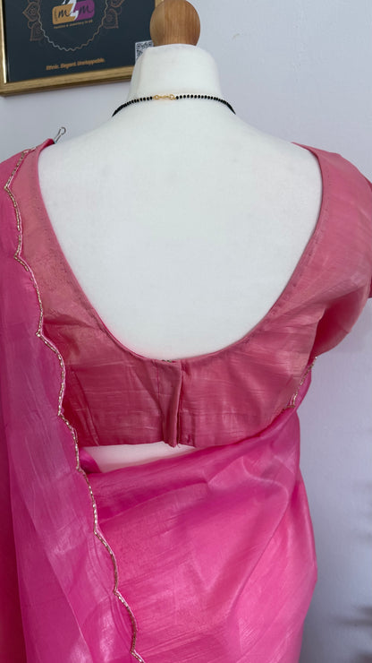 Stunning lightweight Soft Organza Saree Combo with Cutwork border with gold beads-Pink