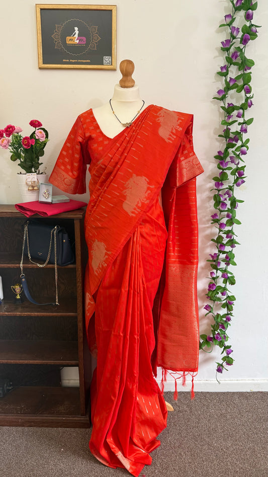 Dupion Silk Sarees with Animal Weaving with Self Stitched Blouse-Orange
