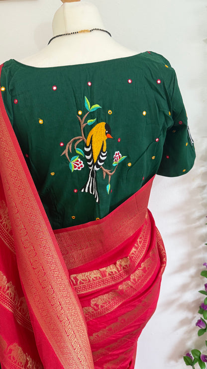 Rich look Moonga Silk Saree with  gold zari weaving, Contract Blouse-Red and Green