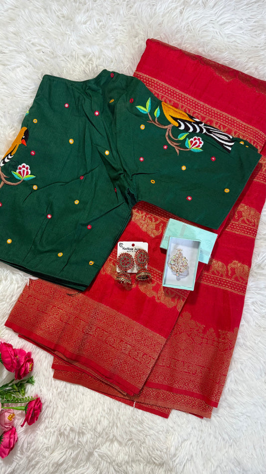 Rich look Moonga Silk Saree with  gold zari weaving, Contract Blouse-Red and Green