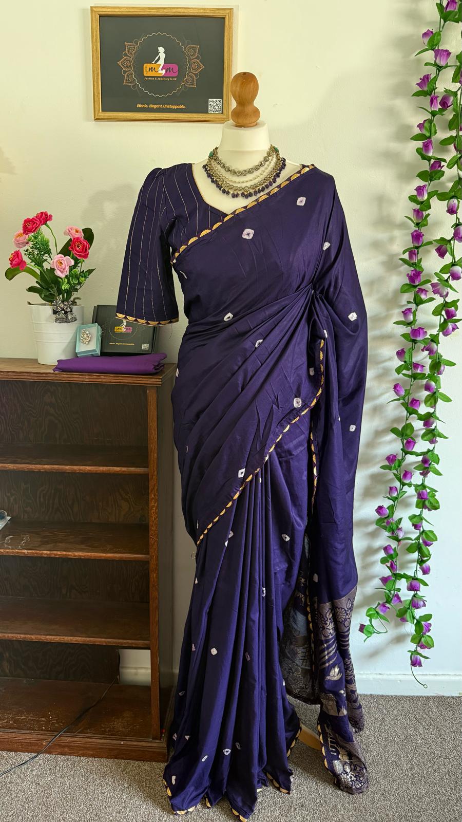 Linen Bandini Print  Saree Combo- Stitched Blouse & Matchings - Navi Blue