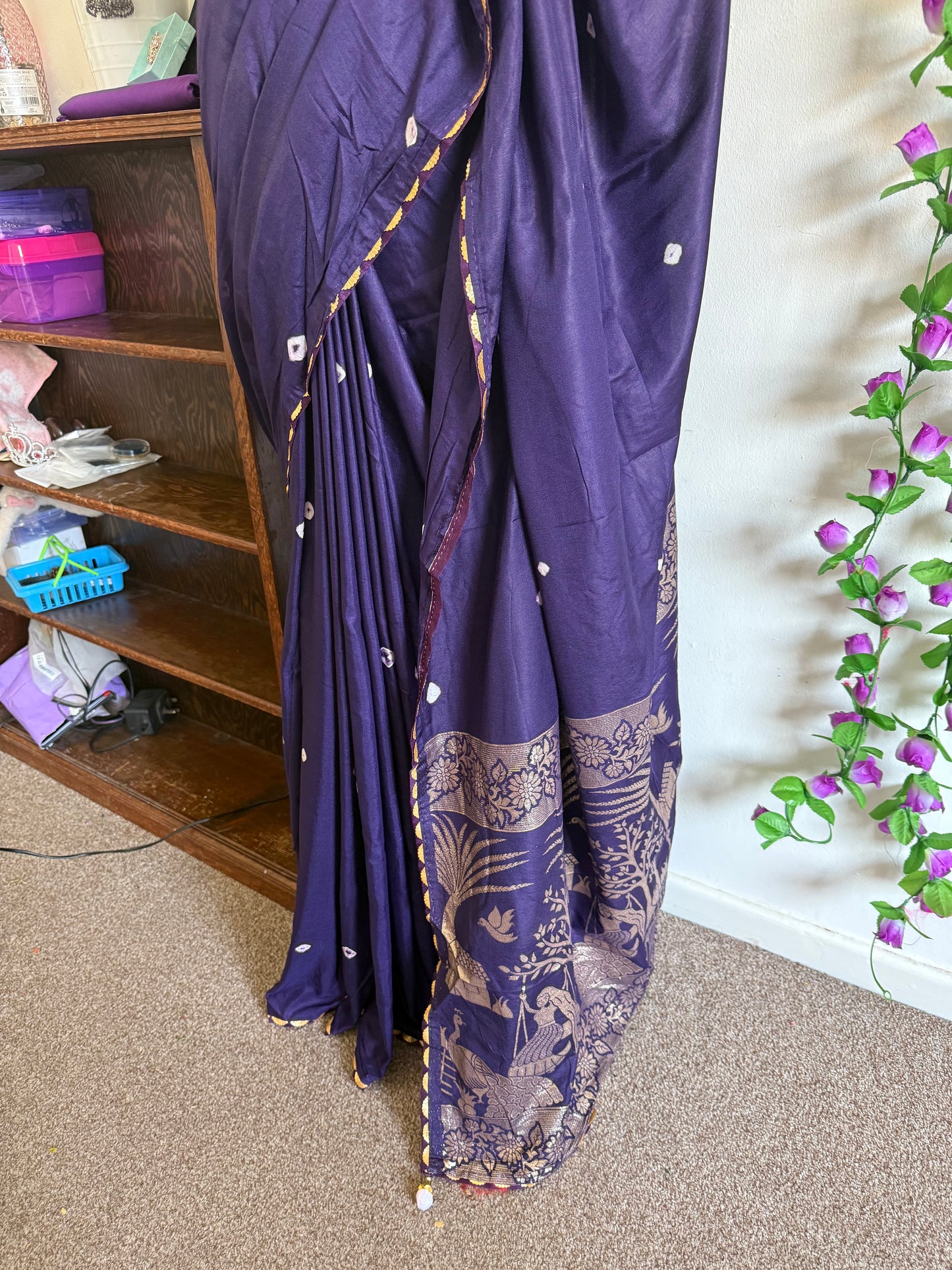 Linen Bandini Print  Saree Combo- Stitched Blouse & Matchings - Navi Blue