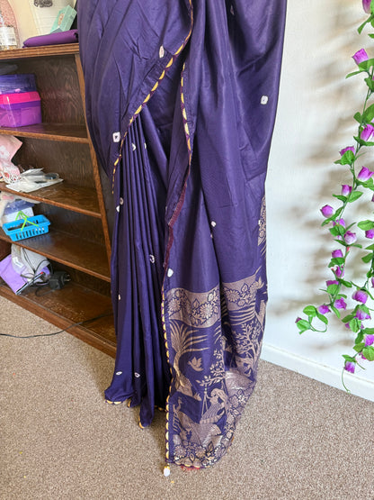 Linen Bandini Print  Saree Combo- Stitched Blouse & Matchings - Navi Blue