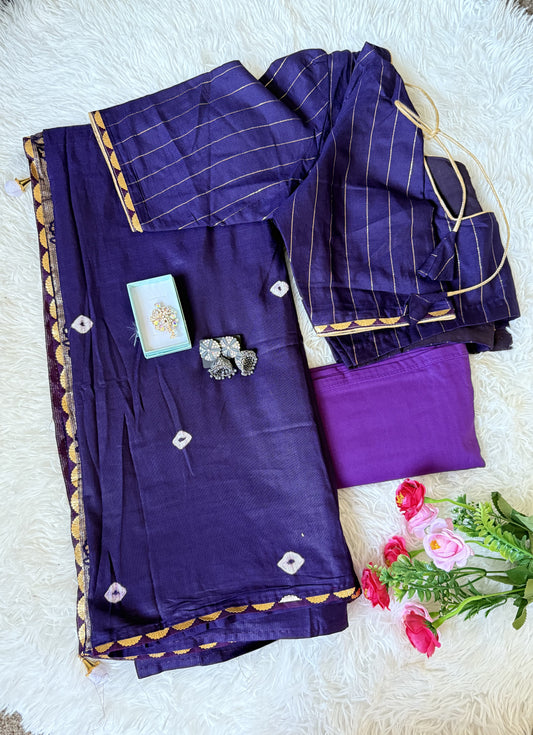 Linen Bandini Print  Saree Combo- Stitched Blouse & Matchings - Navi Blue
