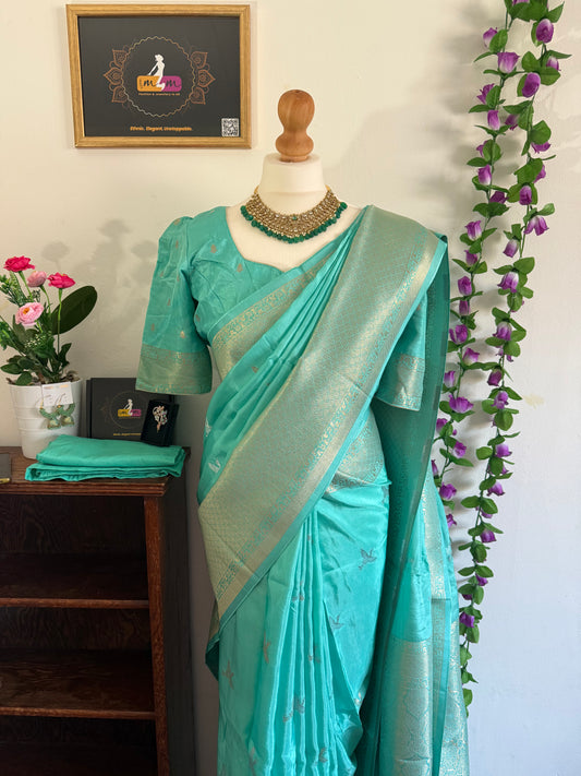 Mashru Banarasi Silk Saree with Zari Border-Stitched Blouse & matchings