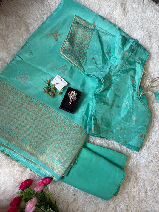 Mashru Banarasi Silk Saree with Zari Border-Stitched Blouse & matchings