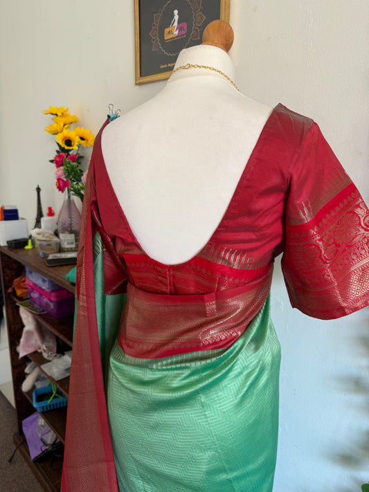 Kanchi Dharmavaram Silk Saree Combo-Stitched Blouse & matchings- Green & Red
