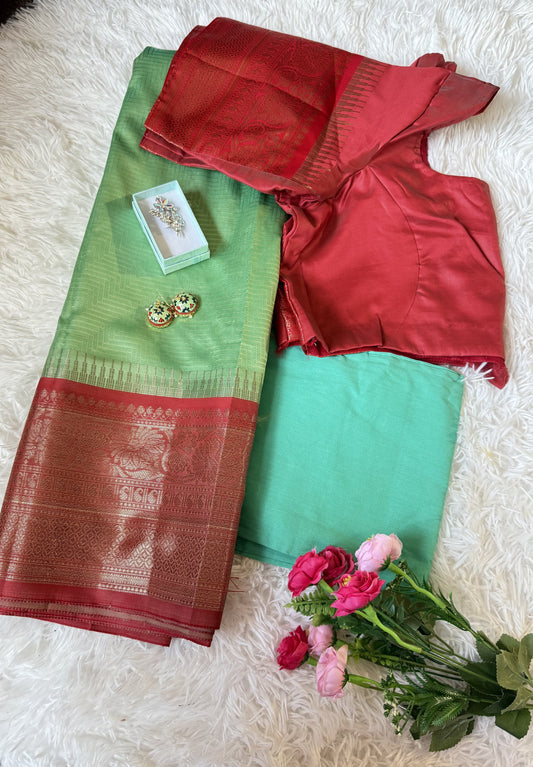 Kanchi Dharmavaram Silk Saree Combo-Stitched Blouse & matchings- Green & Red