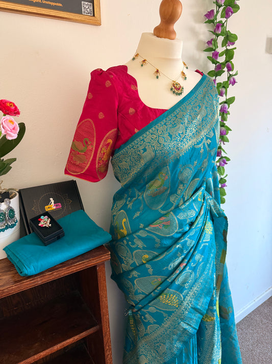 Moonga Banarasi Saree with Peacock Weaving -Contrast Stitched Blouse-Blue &Pink