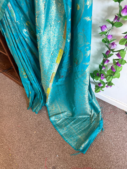Moonga Banarasi Saree with Peacock Weaving -Contrast Stitched Blouse-Blue &Pink