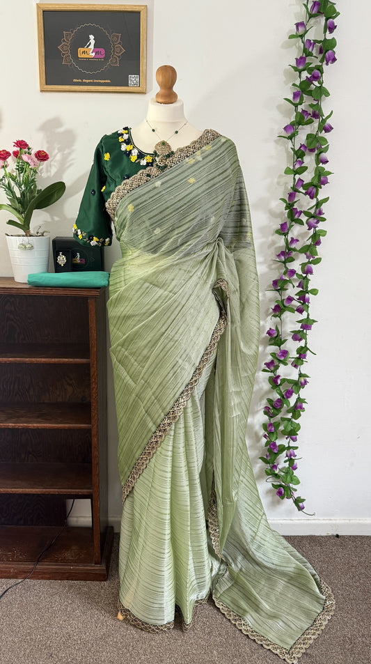 Georgette Saree Combo with Scallop Border with Matching readymade Blouse-Pista Green
