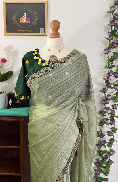 Georgette Saree Combo with Scallop Border with Matching readymade Blouse-Pista Green