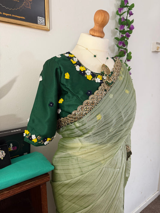 Georgette Saree Combo with Scallop Border with Matching readymade Blouse-Pista Green