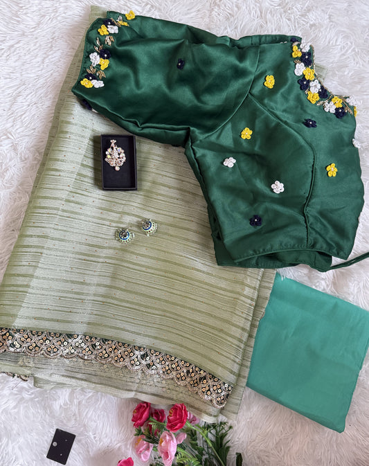 Georgette Saree Combo with Scallop Border with Matching readymade Blouse-Pista Green
