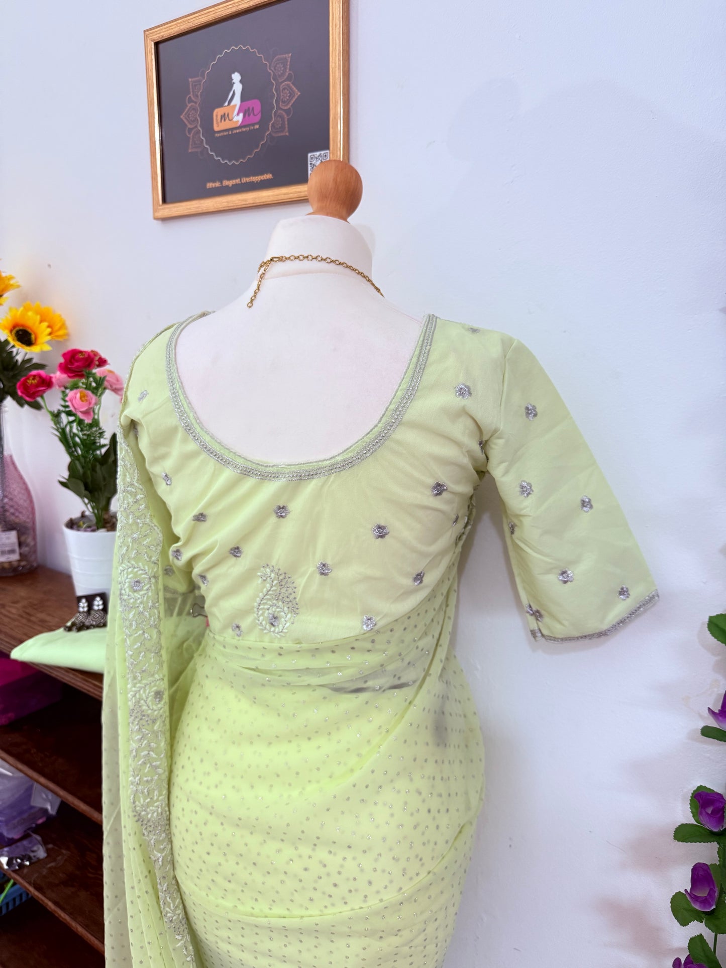 Soft Georgette Saree with Embroidery Border- with readymade Blouse & matchings