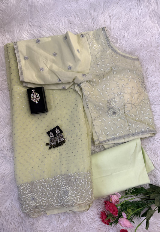 Soft Georgette Saree with Embroidery Border- with readymade Blouse & matchings
