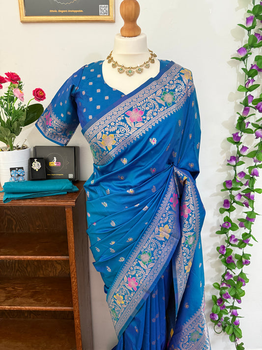Floral Banarasi Silk Woven Saree with Stitched Blouse & Matchings - Blue