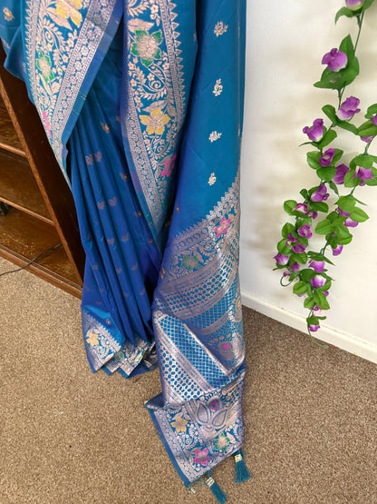 Floral Banarasi Silk Woven Saree with Stitched Blouse & Matchings - Blue