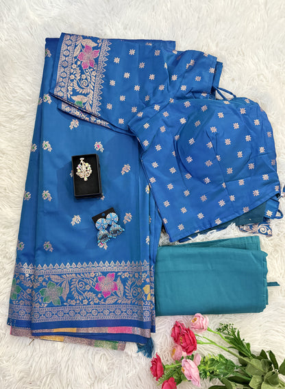 Floral Banarasi Silk Woven Saree with Stitched Blouse & Matchings - Blue
