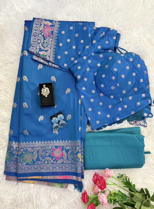 Floral Banarasi Silk Woven Saree with Stitched Blouse & Matchings - Blue