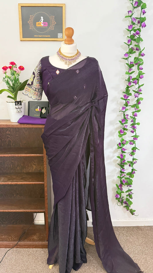Plain Space Silk Saree with Hand Work Designer stitched Blouse-Wine