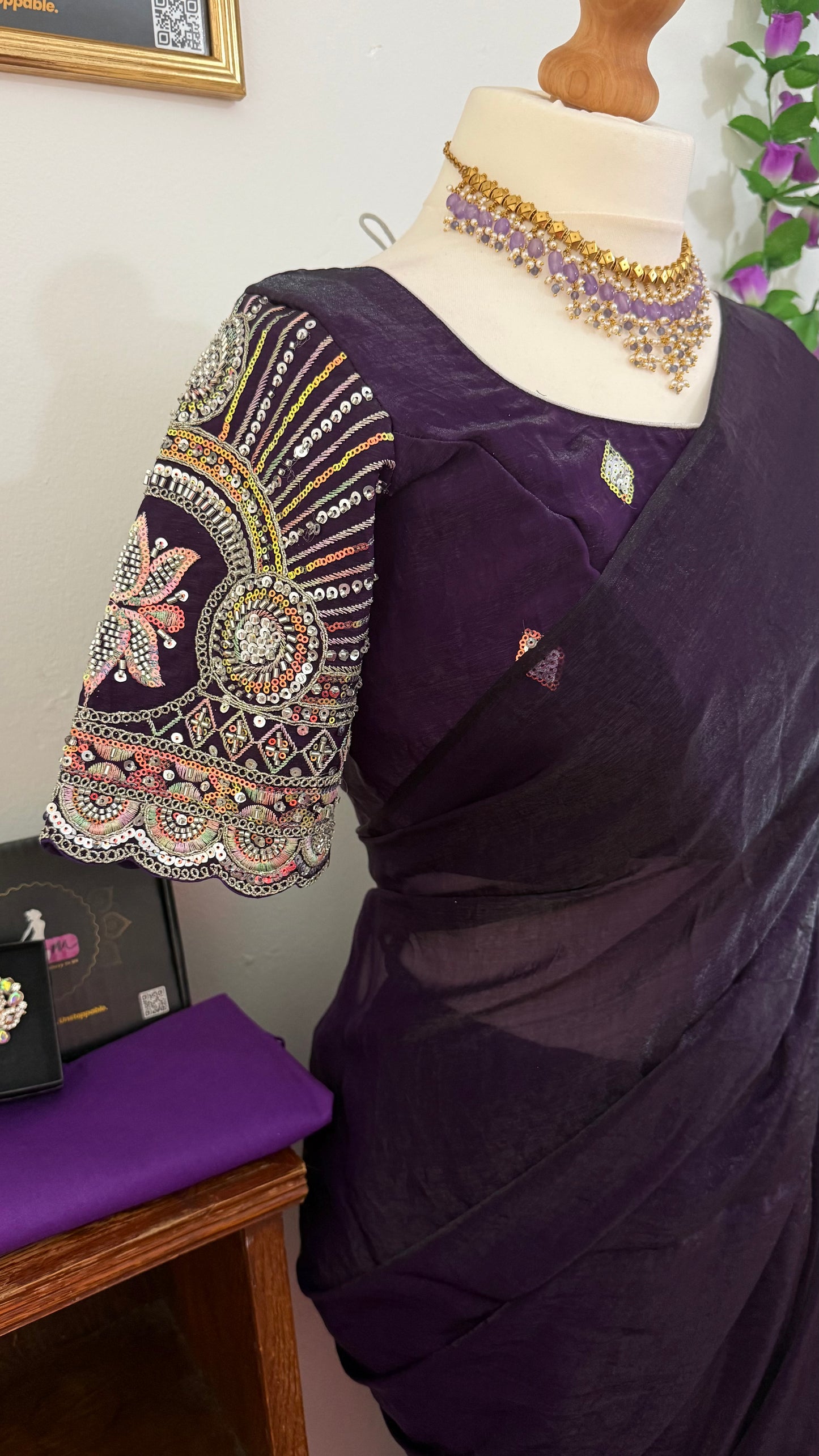 Plain Space Silk Saree with Hand Work Designer stitched Blouse-Wine