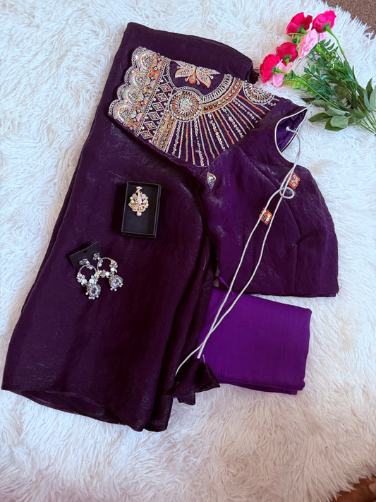 Plain Space Silk Saree with Hand Work Designer stitched Blouse-Wine