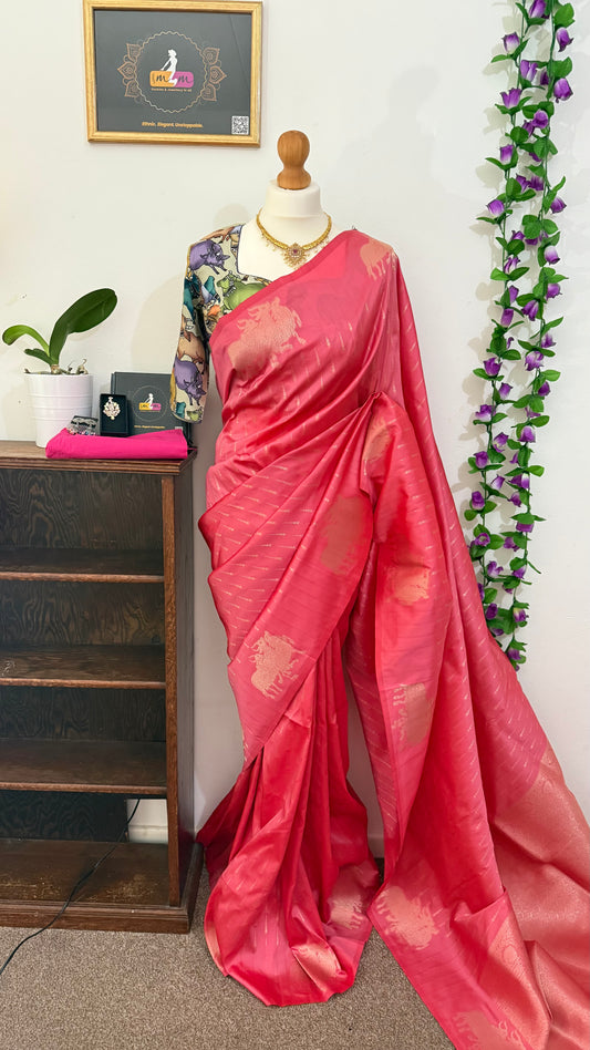 Dupion Silk Sarees with Animal Weaving- Contrast Stitched Blouse