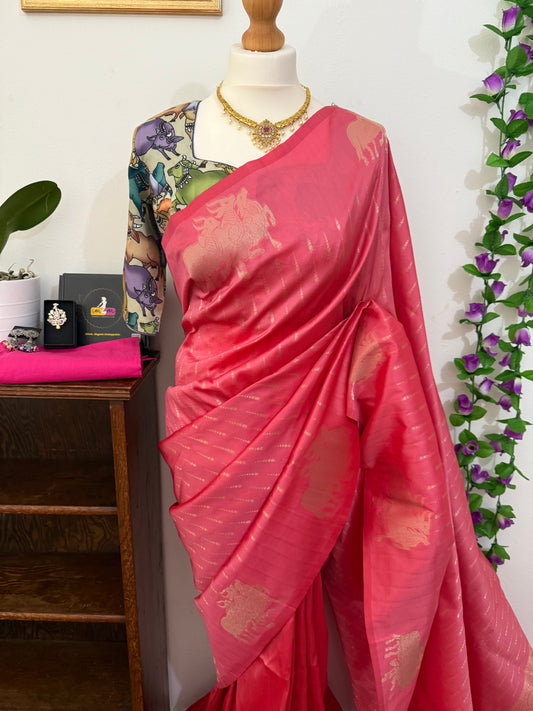 Dupion Silk Sarees with Animal Weaving- Contrast Stitched Blouse