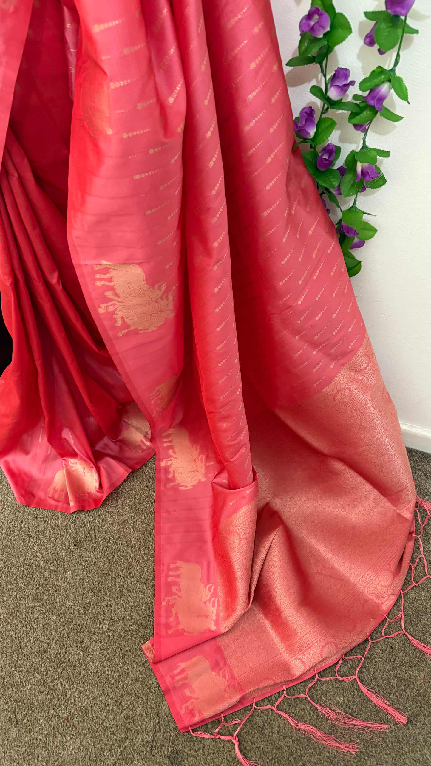 Dupion Silk Sarees with Animal Weaving- Contrast Stitched Blouse