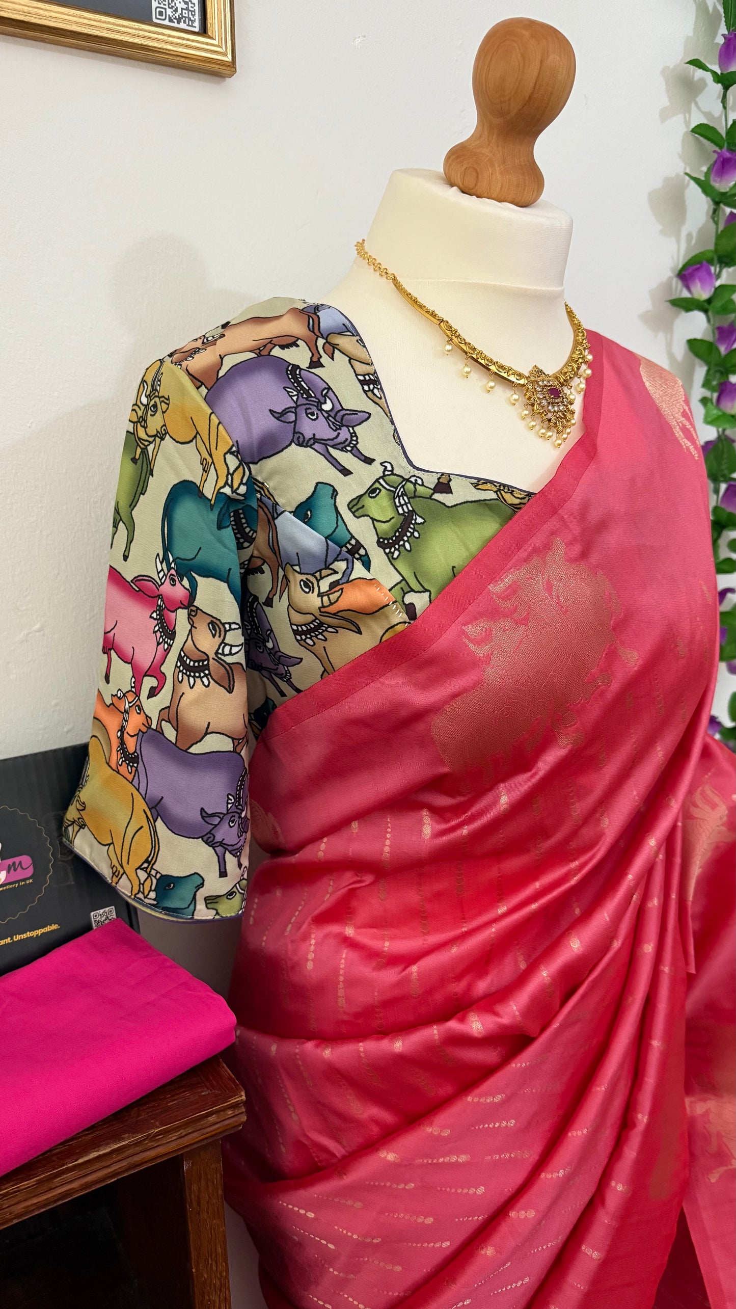Dupion Silk Sarees with Animal Weaving- Contrast Stitched Blouse