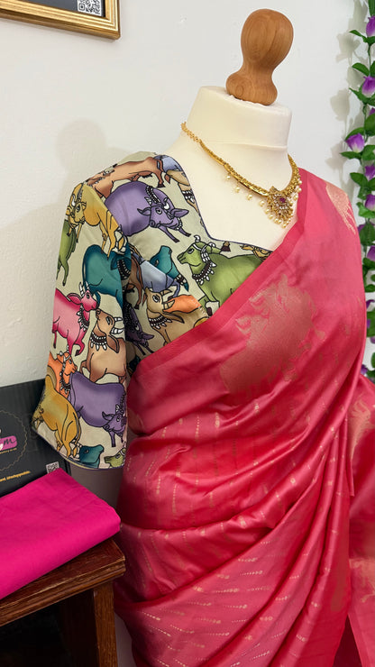 Dupion Silk Sarees with Animal Weaving- Contrast Stitched Blouse