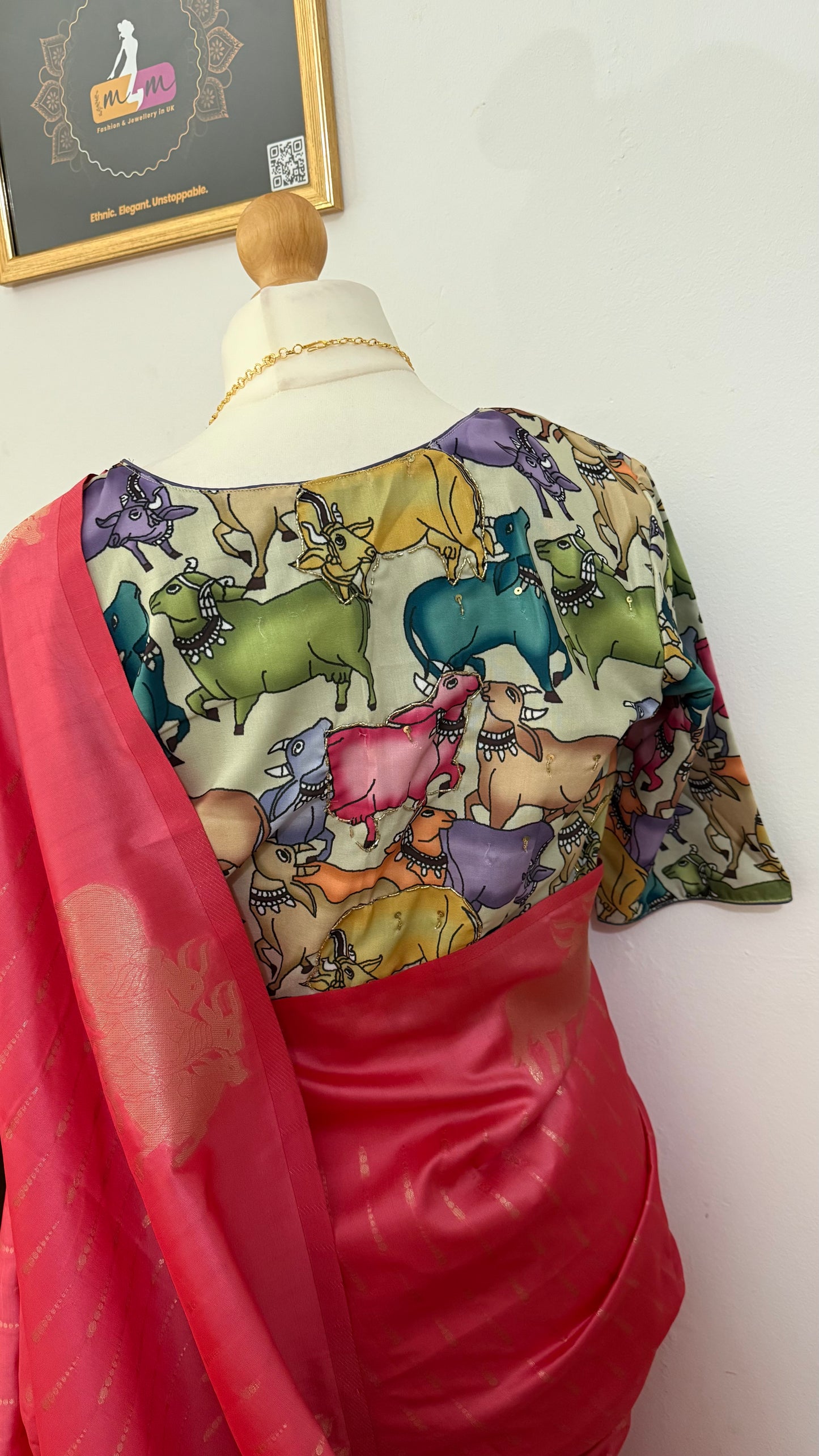 Dupion Silk Sarees with Animal Weaving- Contrast Stitched Blouse