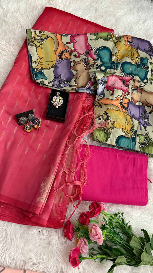 Dupion Silk Sarees with Animal Weaving- Contrast Stitched Blouse