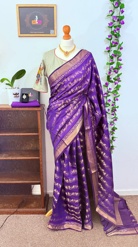 Kanchi Banarasi Saree with Contract Stitched Blouse Bird Detailing