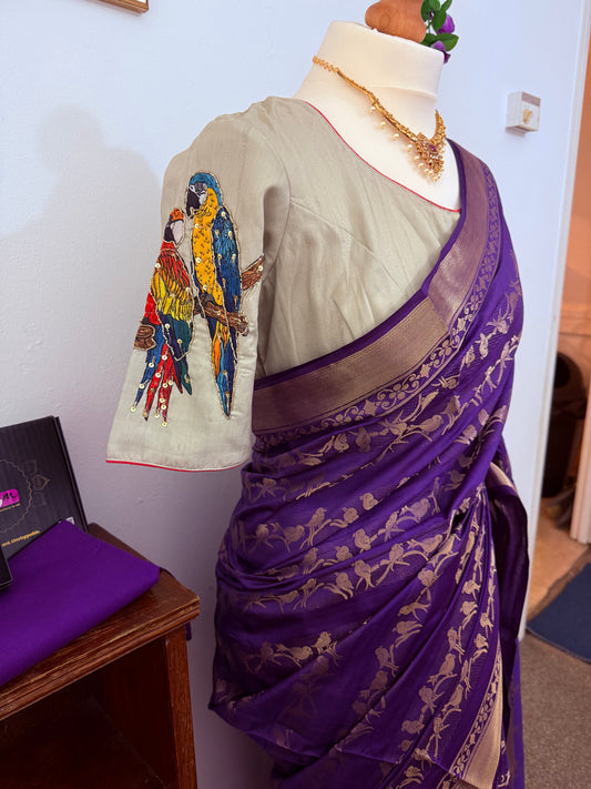 Kanchi Banarasi Saree with Contract Stitched Blouse Bird Detailing