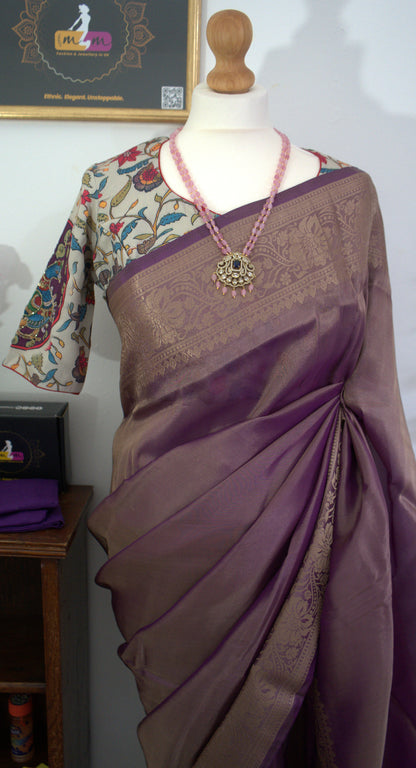 Gold Tissue Silk zari weaving Saree Combo-stitched blouse & matchings- Purple