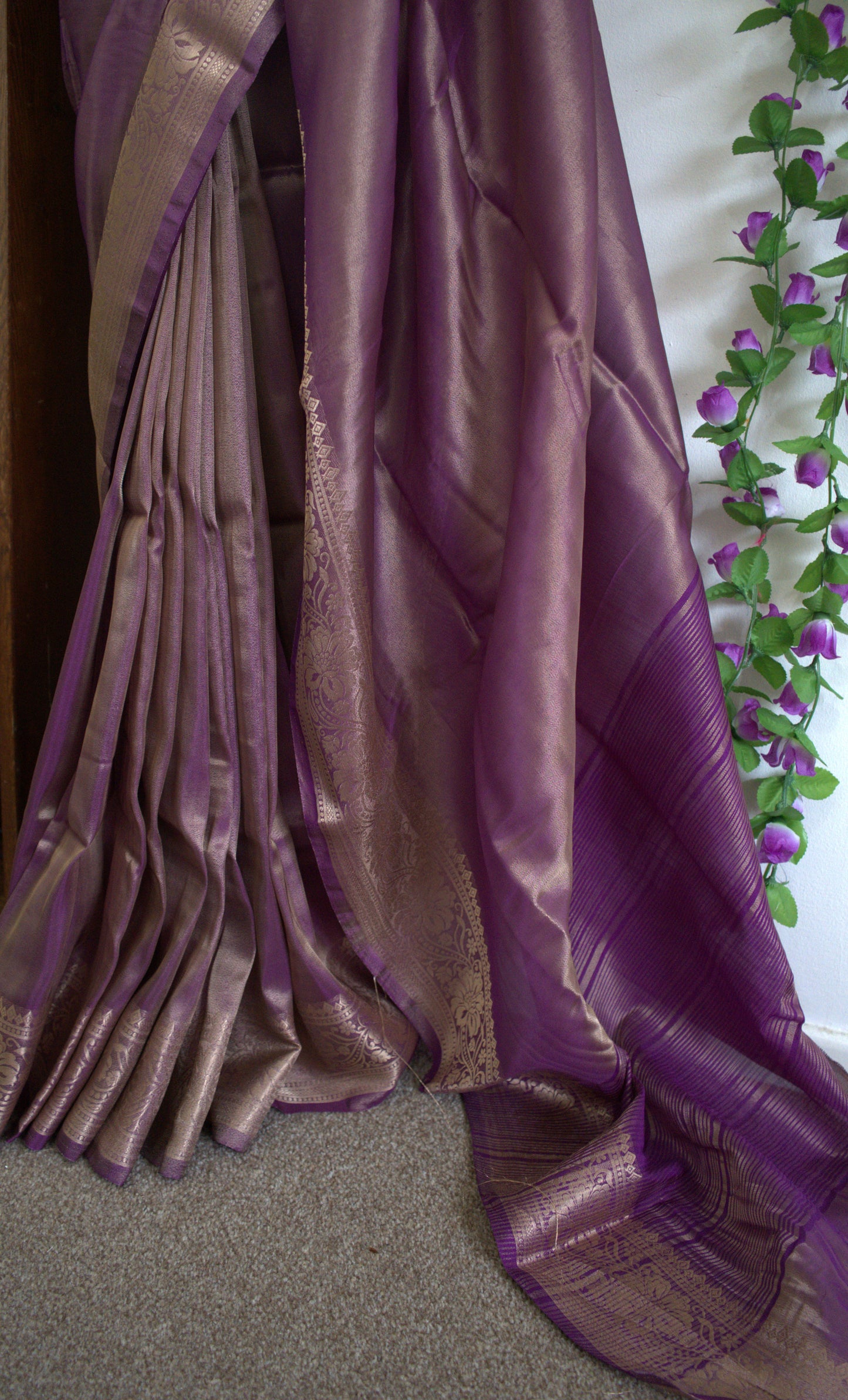 Gold Tissue Silk zari weaving Saree Combo-stitched blouse & matchings- Purple