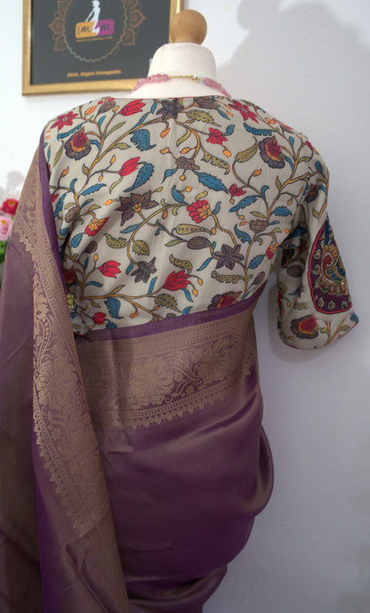 Gold Tissue Silk zari weaving Saree Combo-stitched blouse & matchings- Purple