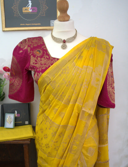 Banarasi  Weaving Silk Saree Combo- stitched blouse & matchings - Yellow & Pink