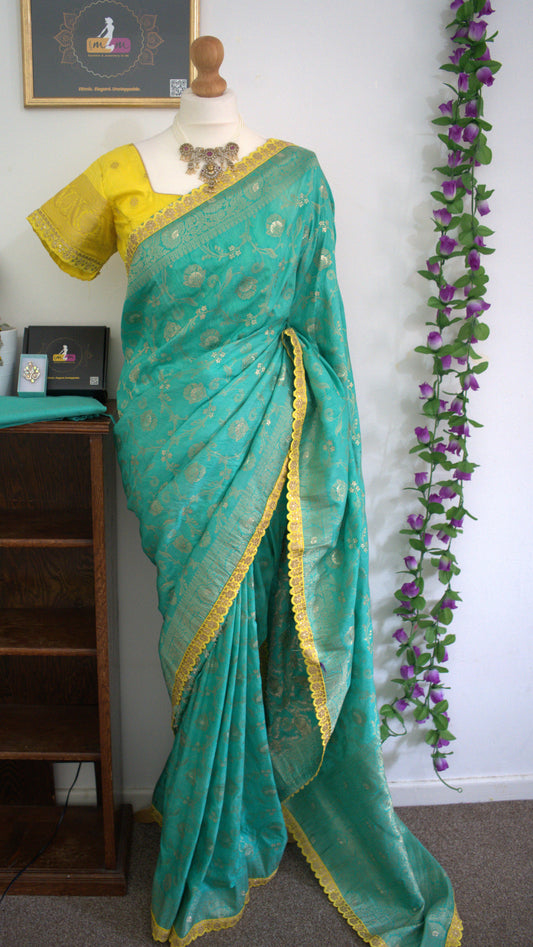 Banarasi Dola Silk Saree with Contrast Scallop Border with Stitched Blouse-Green & Yellow