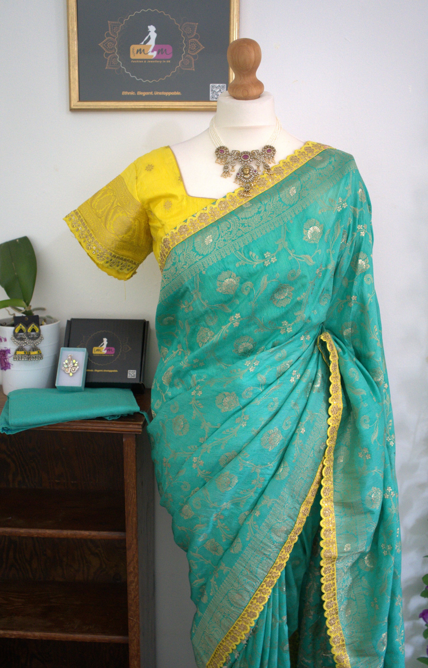 Banarasi Dola Silk Saree with Contrast Scallop Border with Stitched Blouse-Green & Yellow