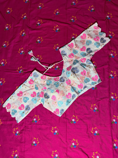 Floral Embroidery Khadi Cotton Saree Combo- Saree with Matching Blouse