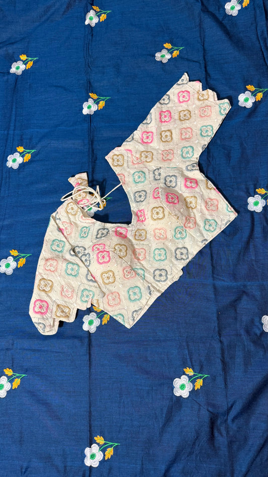 Flower Embroidery Kadhi Cotton Saree Combo -Saree with Matching Blouse