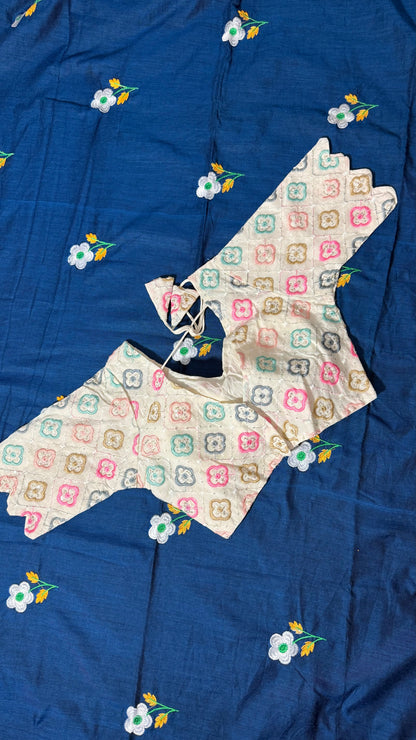 Flower Embroidery Kadhi Cotton Saree Combo -Saree with Matching Blouse