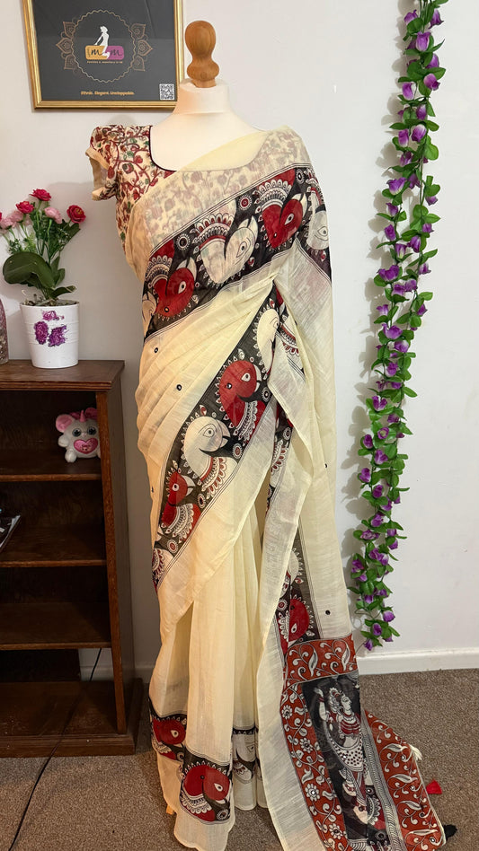 Lenin mirror cotton sarees with kalamkari print with stitched blouse